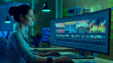 Interfaz de usuario de software avanzado de edición de fotos y videos, mostrando múltiples herramientas y opciones.